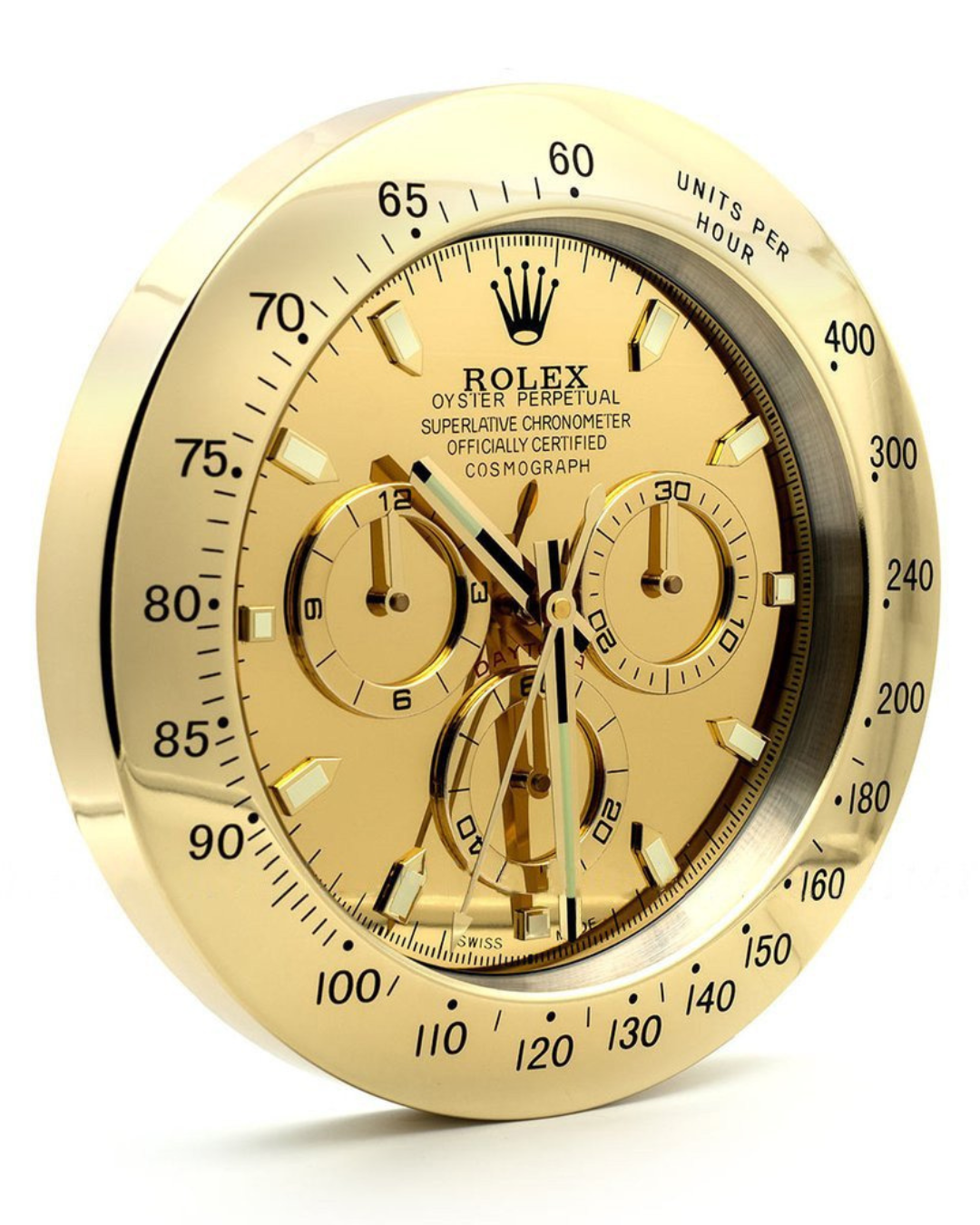 Wall Clock Daytona Gold Edition circular stainless steel with sapphire glass and luminous markings