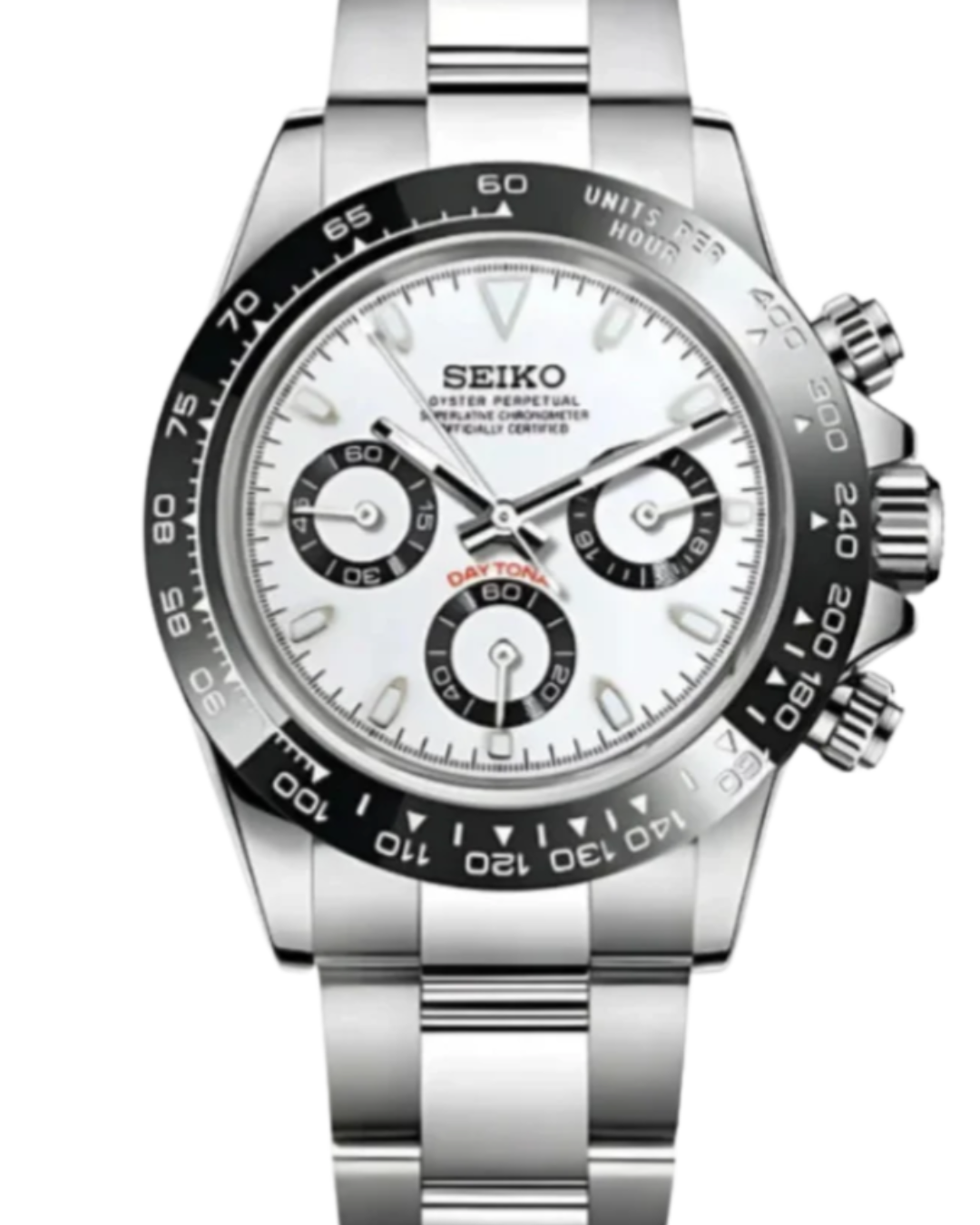 Seiko Mod Daytona Panda White silver watch with black ceramic bezel and chronograph sub-dials
