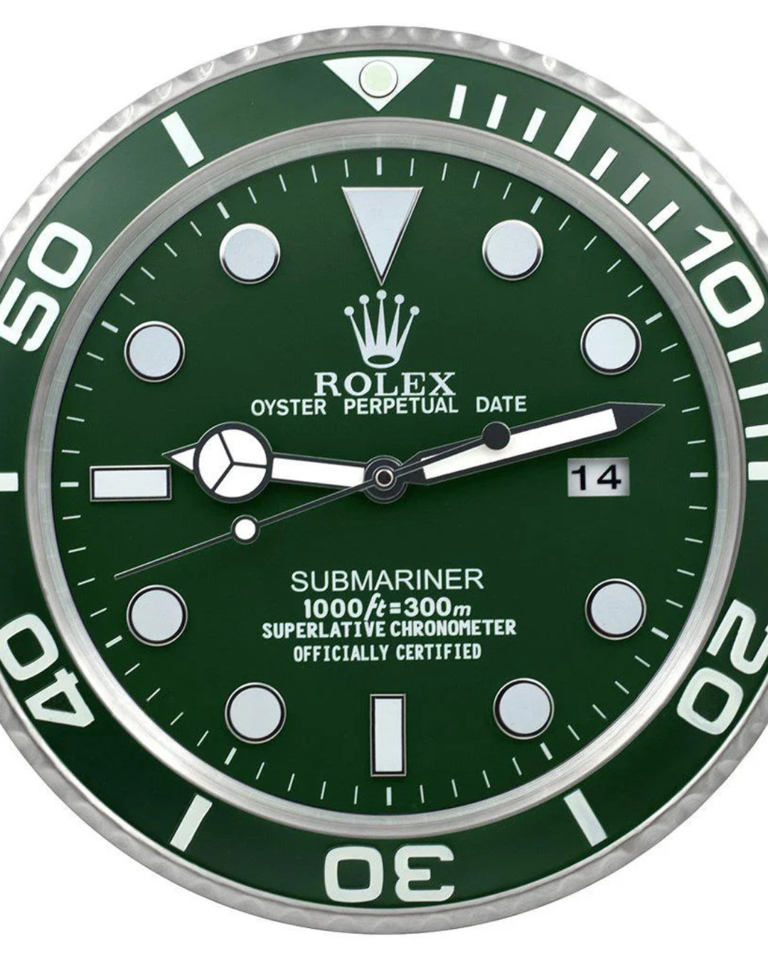 Wall Clock Submariner Hulk Edition with green dial, luminous markings, and sapphire glass design