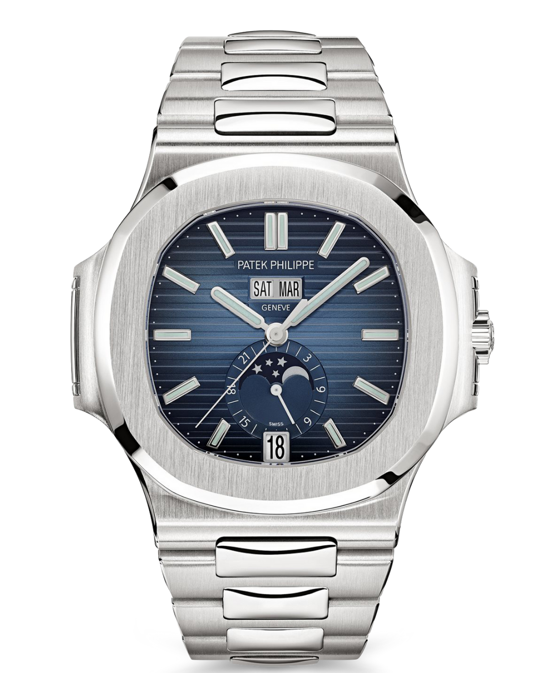 Nautilus Watch Mod Blue Philippe Moon phase Edition stainless steel automatic wristwatch with blue dial and moon phase indicator