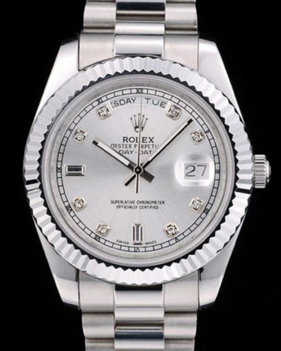 Silver Day Date Watch with stainless steel case and bracelet, sapphire crystal glass, and Rolex logo crown