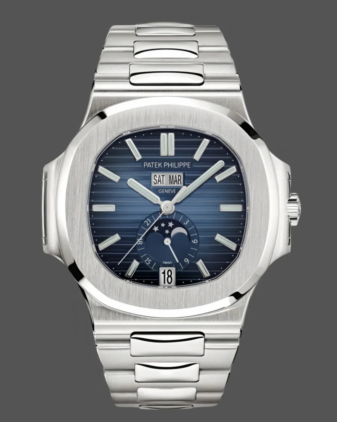 Patek Philippe Superclone Nautilus Annual Calendar watch with blue embossed dial and moon phase indicator