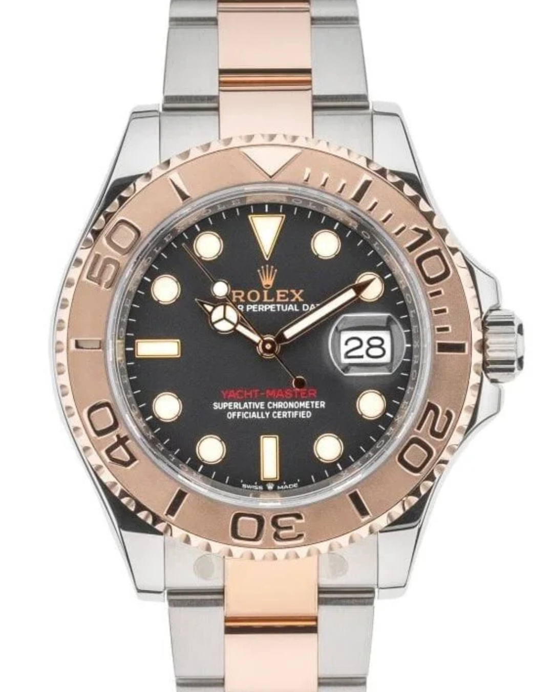 Yacht-Master Watch with rose gold and silver two-tone bracelet, brown dial, ceramic bezel, and sapphire crystal glass