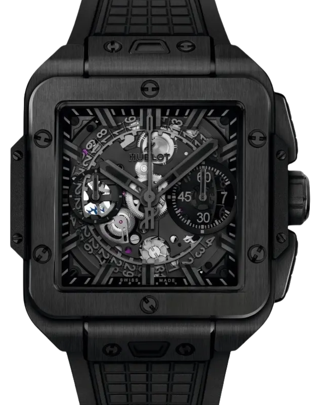 Hublot Square Unico black carbon fiber watch with skeleton dial and rubber strap