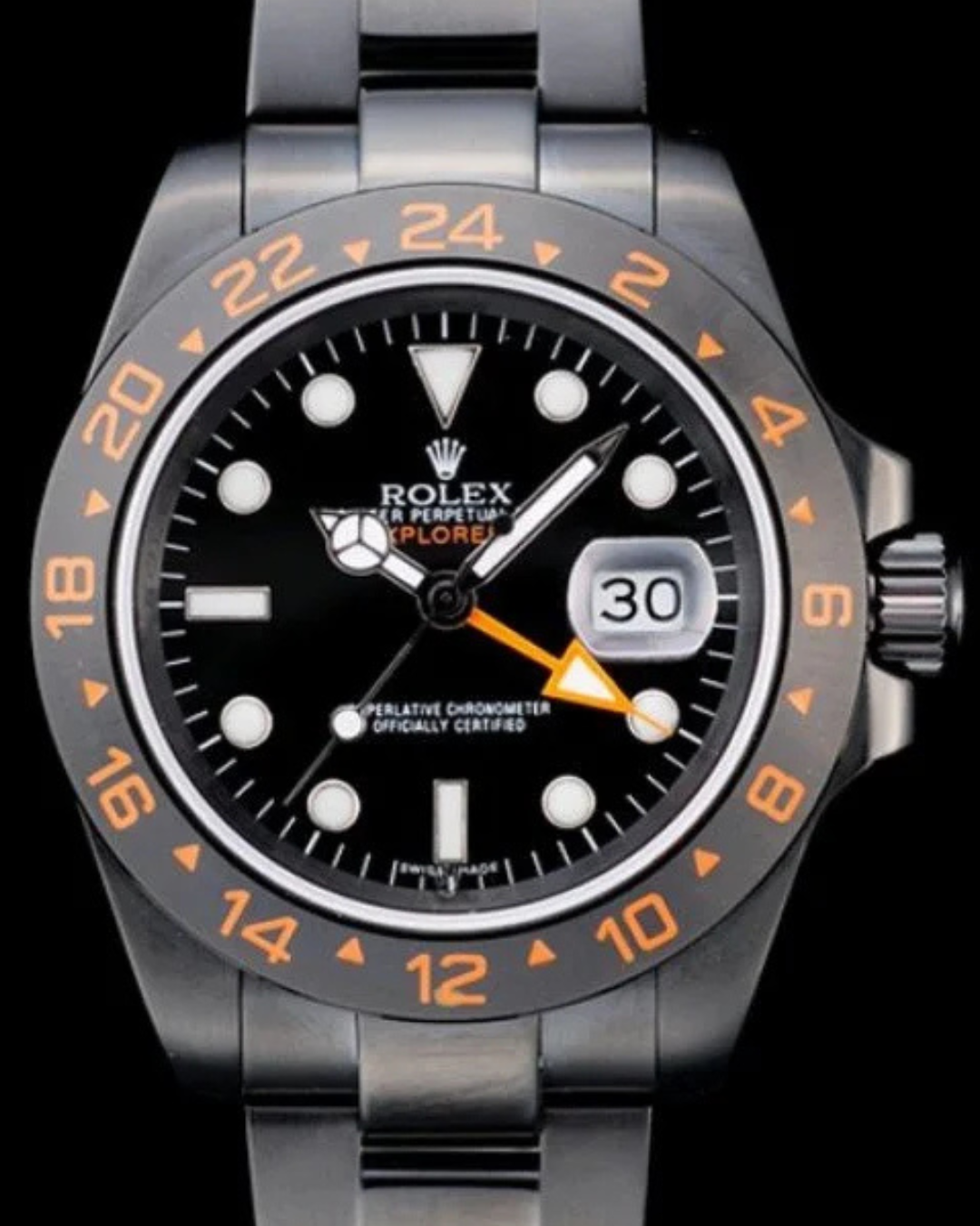 Explorer Super Watch Mod Black-Orange Crown Edition with black dial, orange bezel, stainless steel bracelet, and date display.