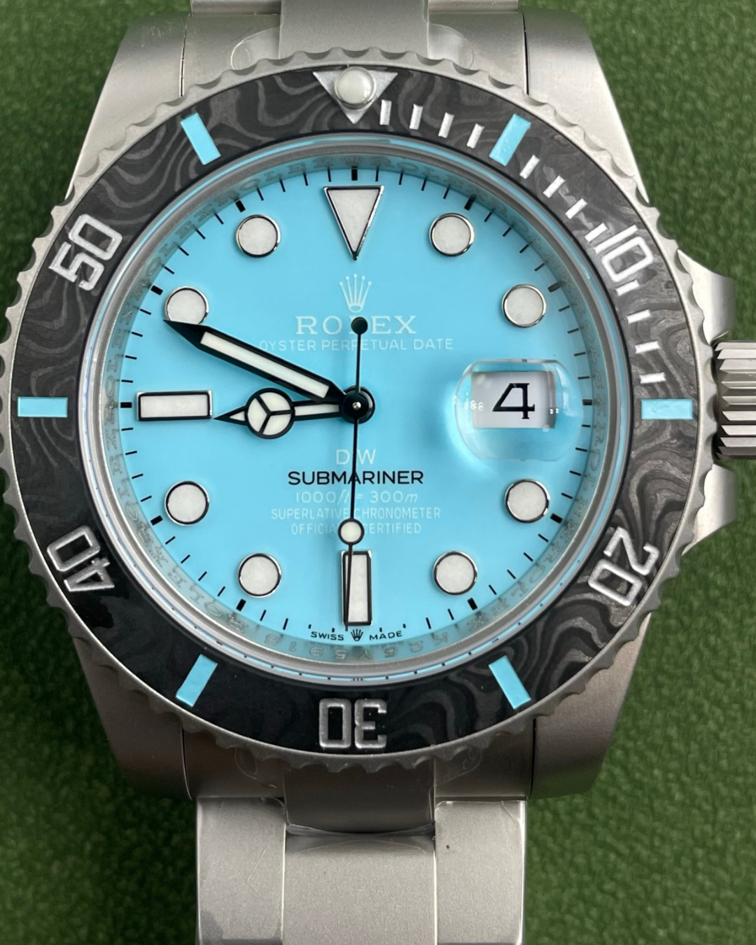 VS Submariner DIW watch with Tiffany Blue dial and carbon bezel on stainless steel bracelet