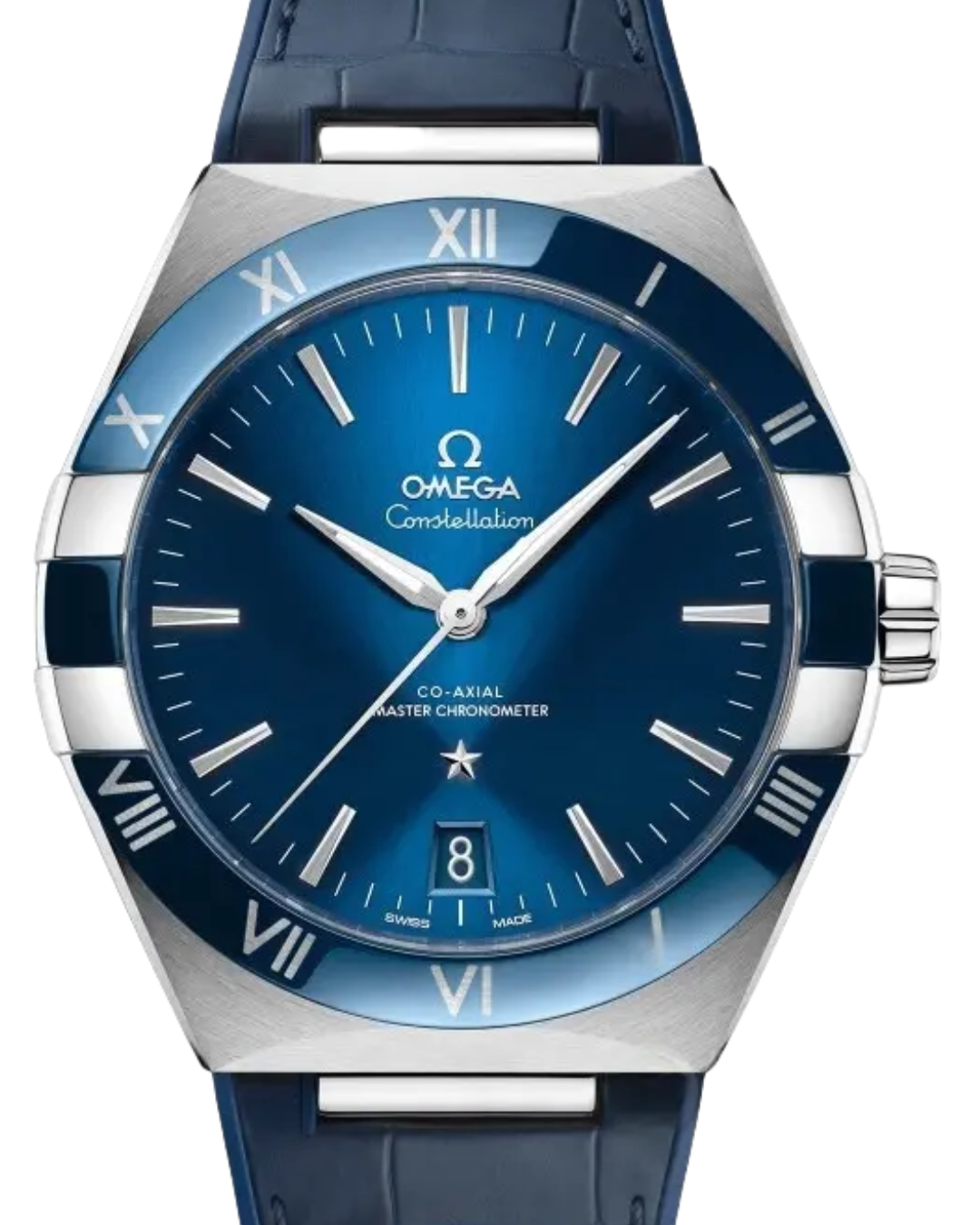 Constellation Super Watch with blue dial, stainless steel case, and blue leather strap