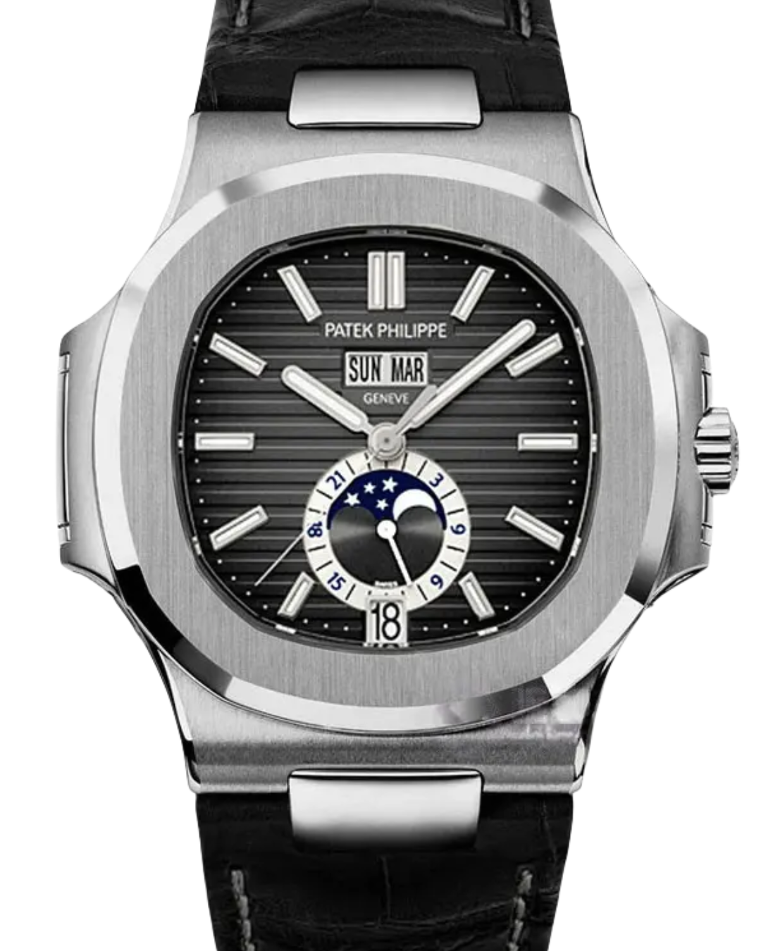 Patek Philippe Nautilus black dial moonphase watch with stainless steel case and black leather strap