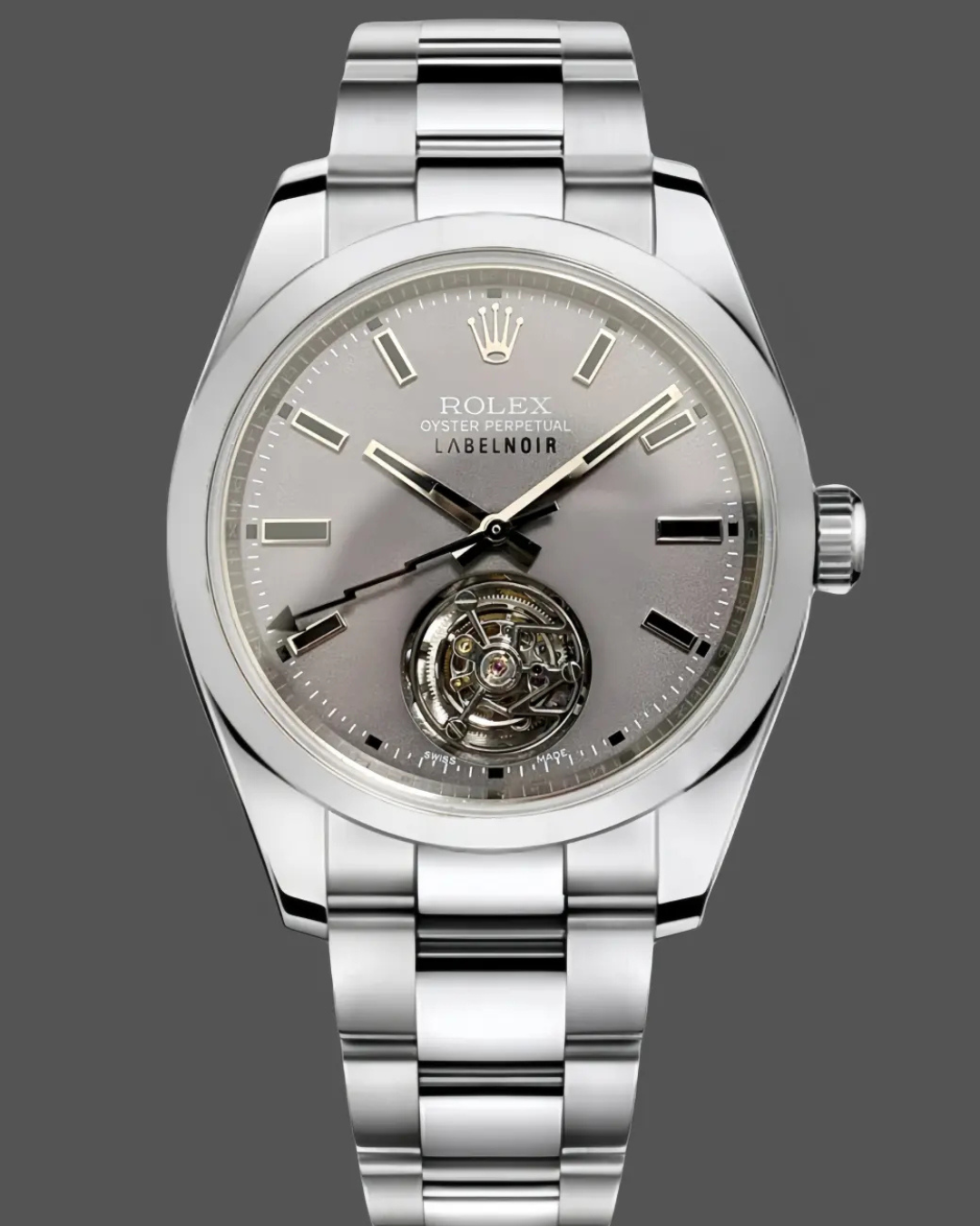 Rolex milgaus silver open heart watch with 40mm stainless steel case and grey matte dial
