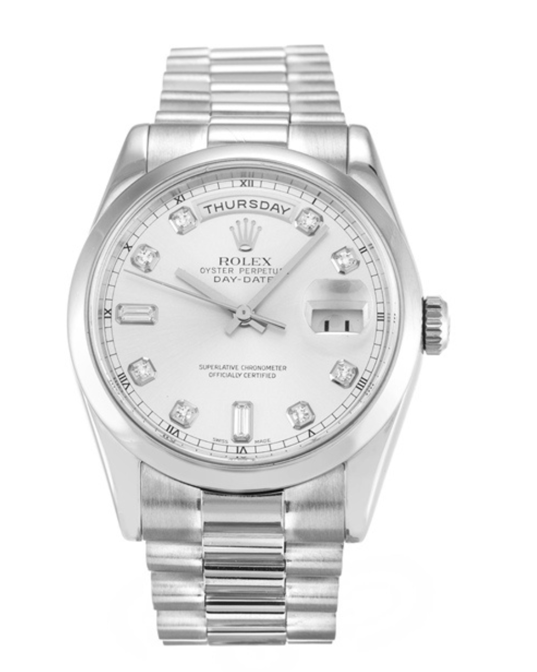 Luxury Day Date Watch with white gold case and presidential bracelet, automatic movement, sapphire crystal glass, and diamond hour markers