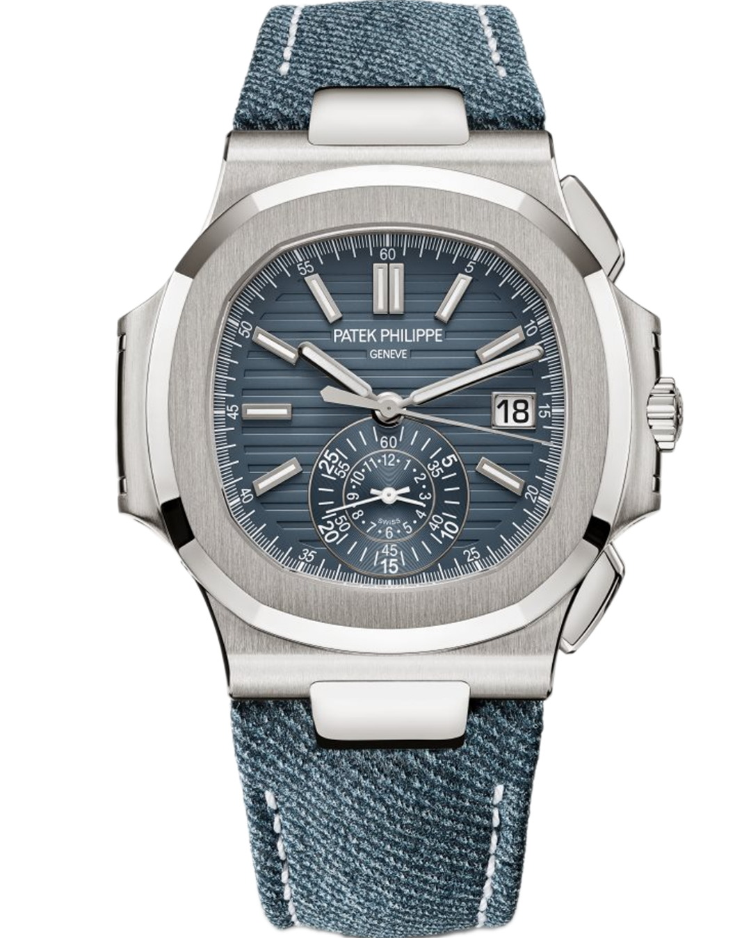 Nautilus Watch Mod Blue Philippe Chronograph Edition with 40mm 18kt white gold case, blue dial, and calfskin strap