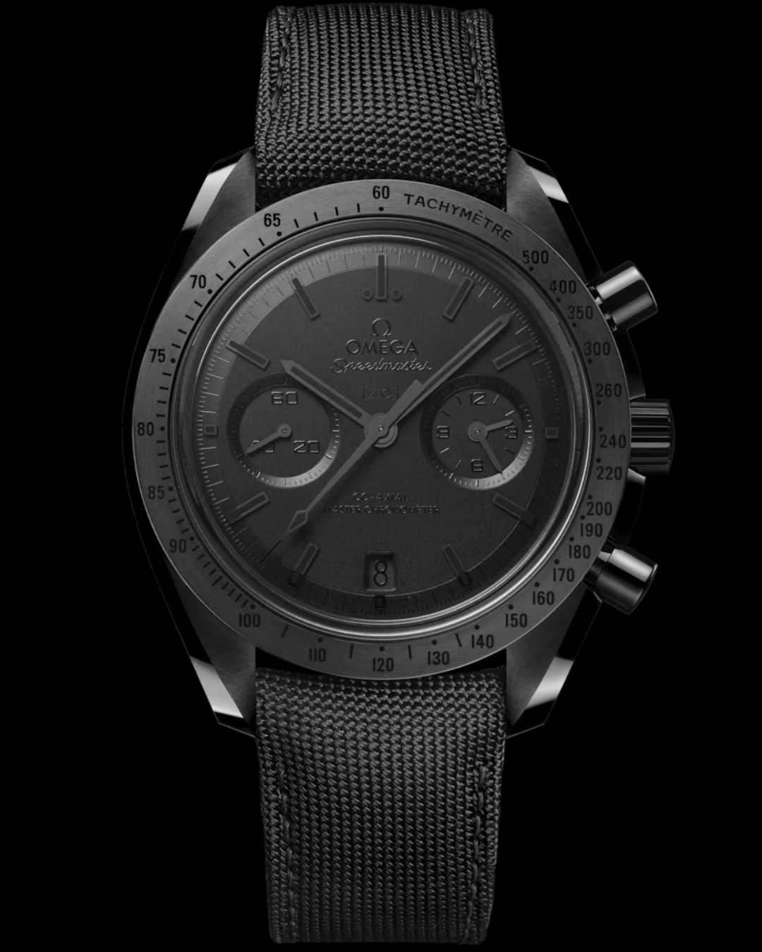 Speedmaster Watch Mod Dark Side of the Moon OM Edition with black dial and fabric strap