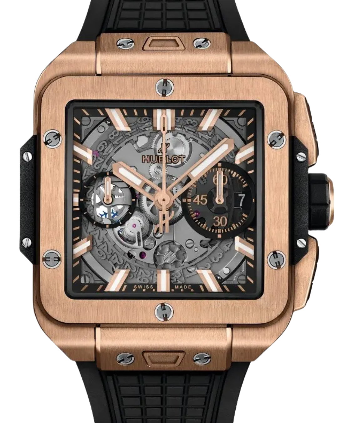 Hublot Square Bang Unico King Gold skeleton watch with black rubber strap and chronograph function