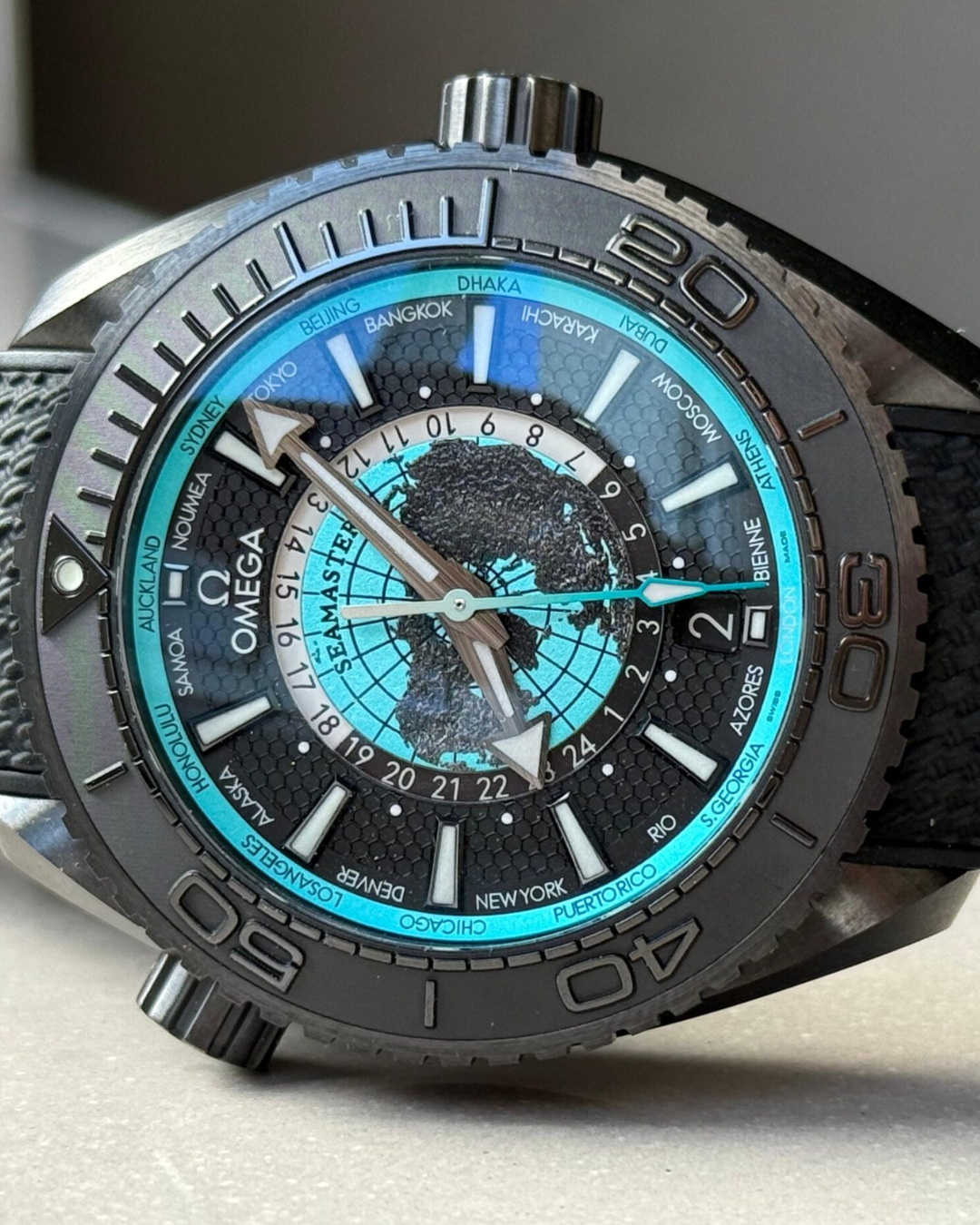 Omega Planet Ocean 45.5mm GMT World Timer Super Watch Mod Blue