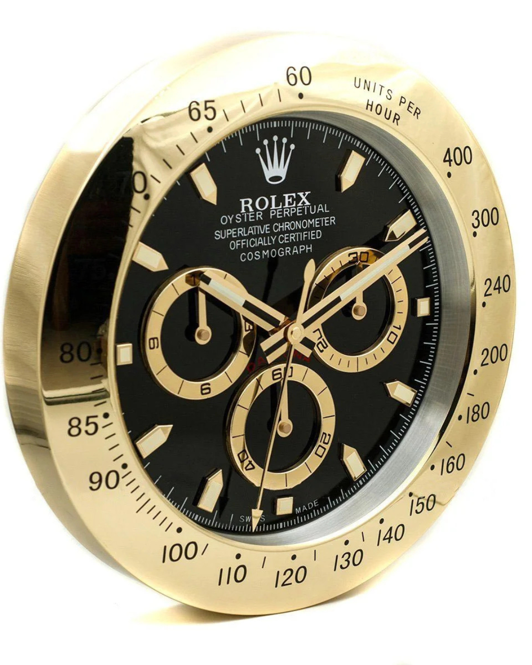 Wall Clock Daytona Black-Gold with luminous markings and silent quartz movement in stainless steel and sapphire glass