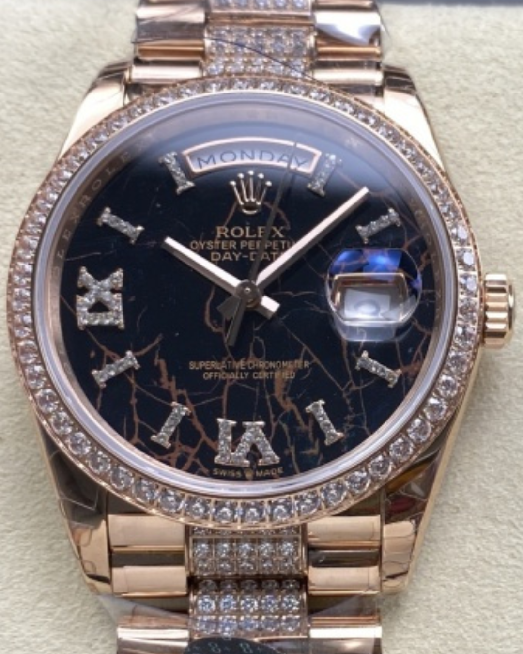 ROLEX Day-Date 36 Everose Gold with a diamond-set 128345RBR Watch