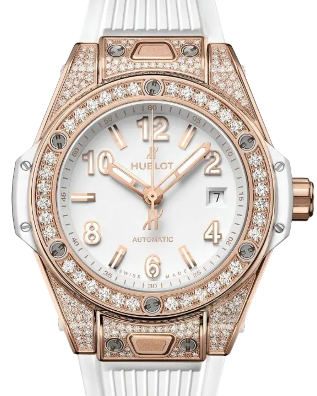 Hublot Big Bang Super Watch with king gold case, diamond bezel, white dial, and white rubber strap