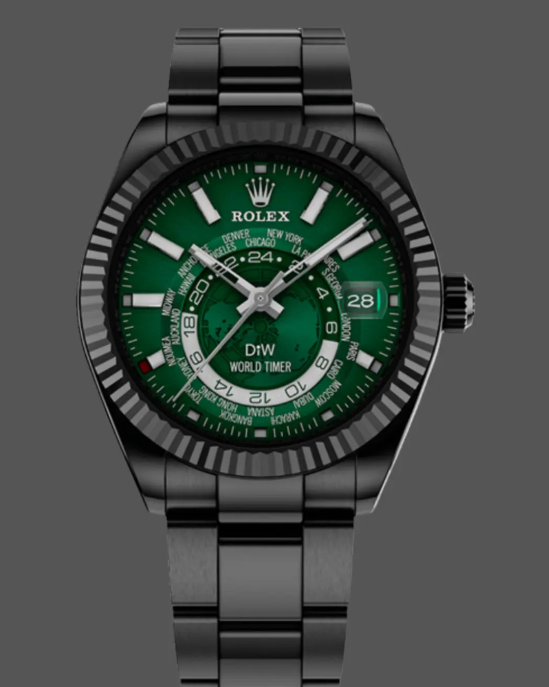 Rolex DiW Sky-Dweller 326934 green dial superclone watch with dual time zone and annual calendar features