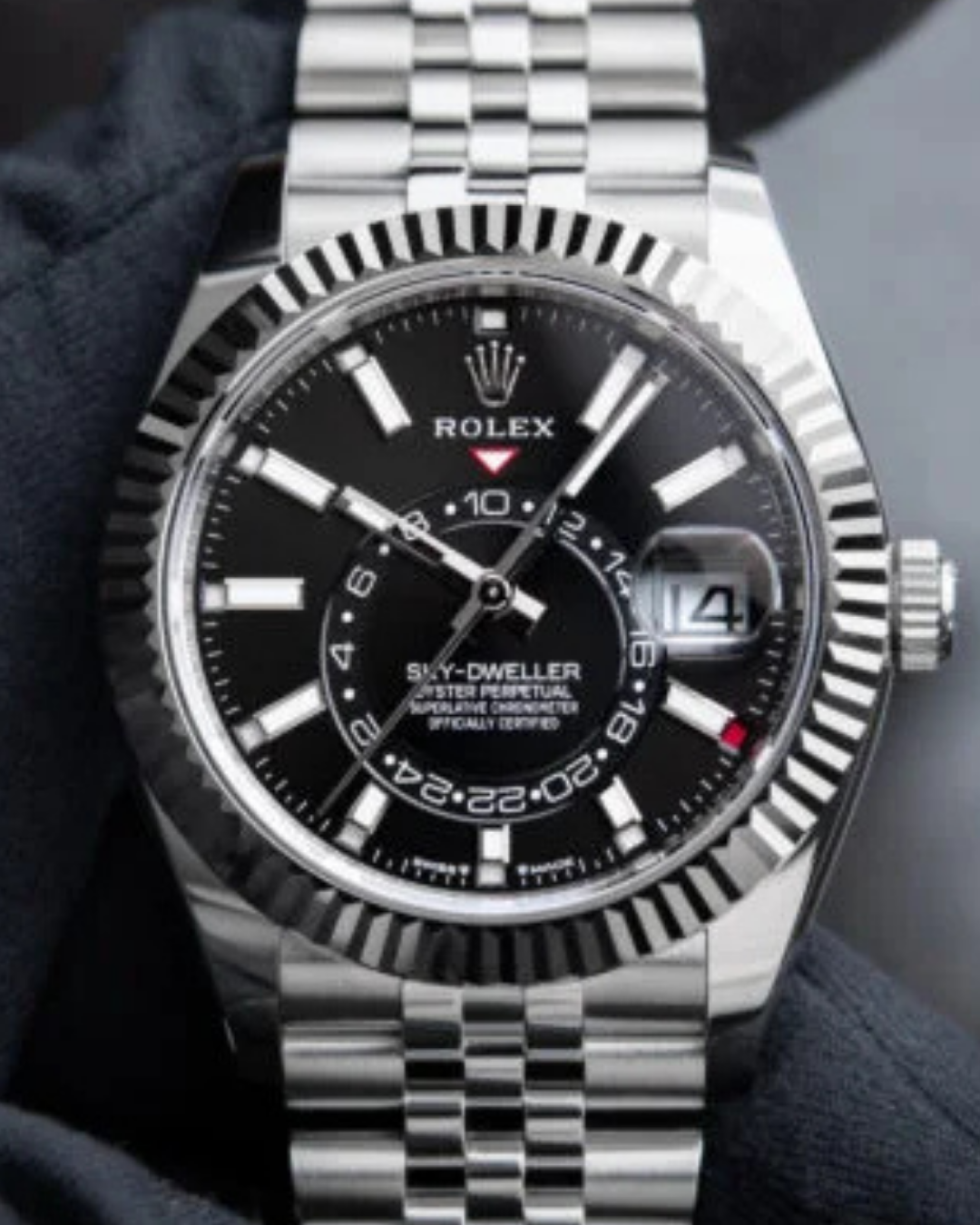 Sky Dweller Watch Mod Black Crown Edition with black dial, stainless steel bracelet, and sapphire crystal glass