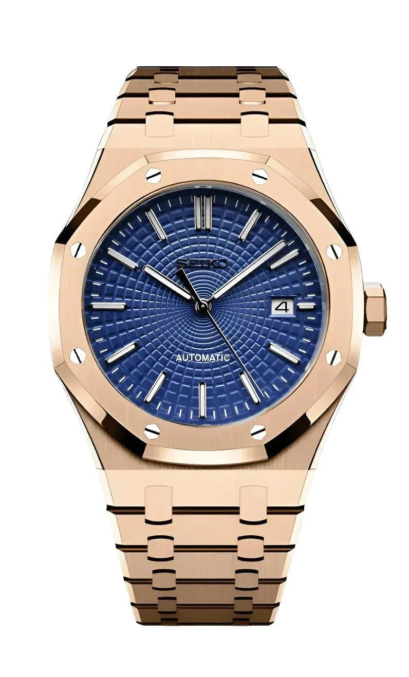 Royal Oak Watch with blue dial and rose gold stainless steel bracelet, automatic movement, scratch-resistant sapphire glass, and date display.