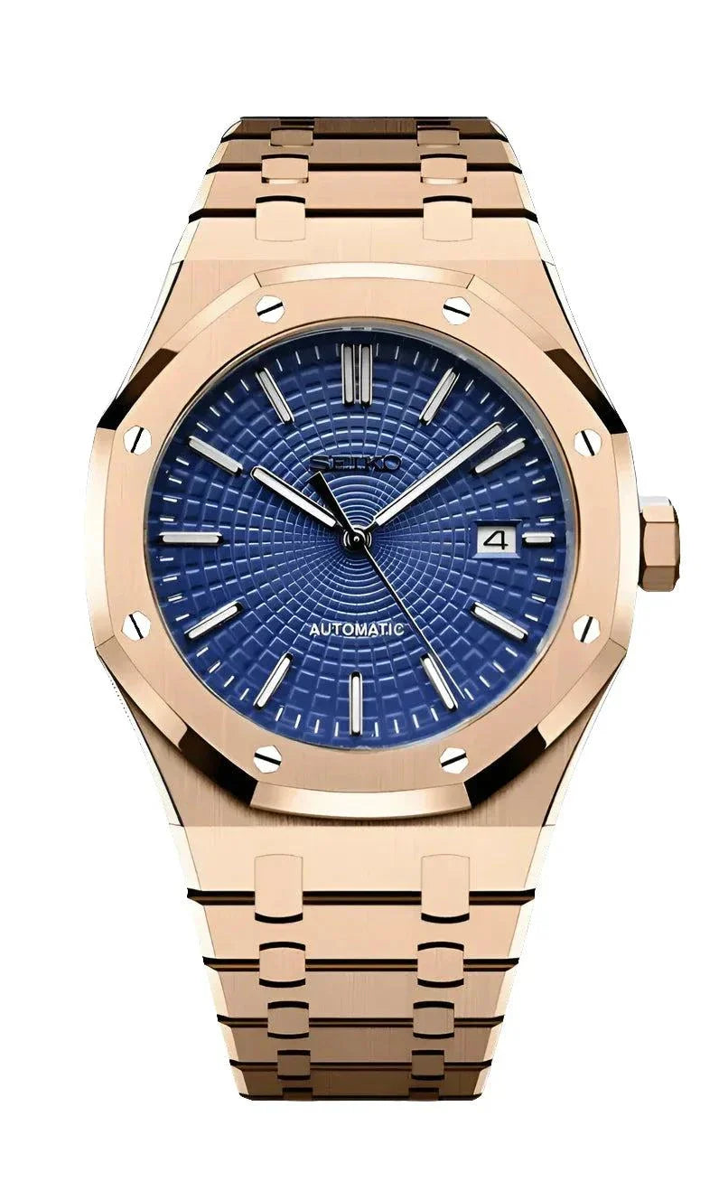 Seiko Mod Watch Royal Oak Classic with blue dial and rose gold stainless steel bracelet
