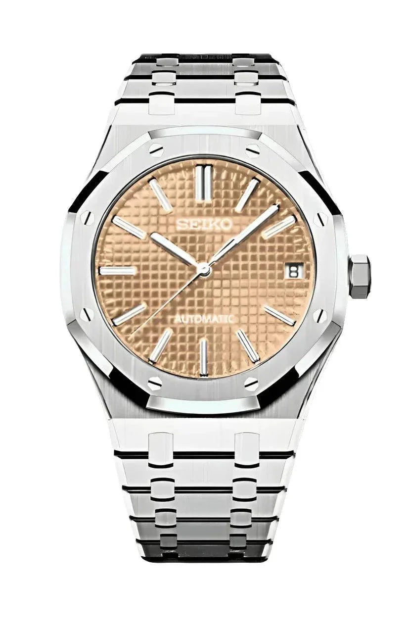 Seiko Royal Oak Watch Mod Champagne Edition with stainless steel strap and champagne dial
