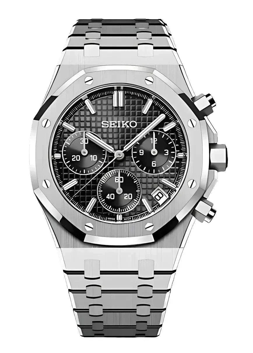 Royal Oak Watch Mod Chrono Black Edition with stainless steel case and bracelet, Seiko VK63 automatic movement, chronograph, and black dial.