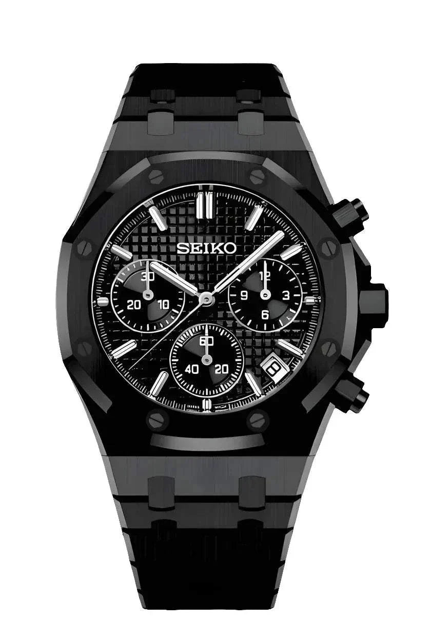 Seiko Royal Oak Watch Mod Chrono Black Edition with stainless steel bracelet and chronograph features