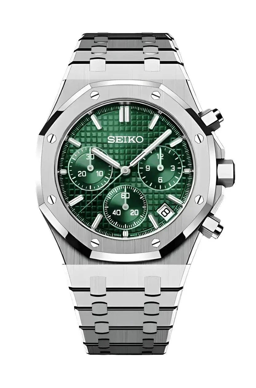 Silver stainless steel Royal Oak Watch with green chronograph dial and date display by Seiko