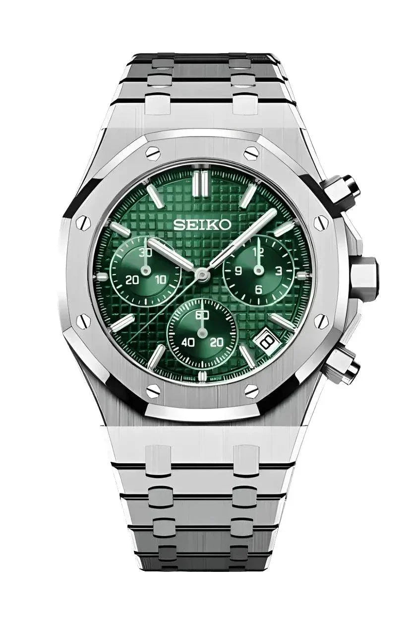 Seiko Royal Oak Watch Mod Chrono Green Edition with stainless steel bracelet and sapphire crystal