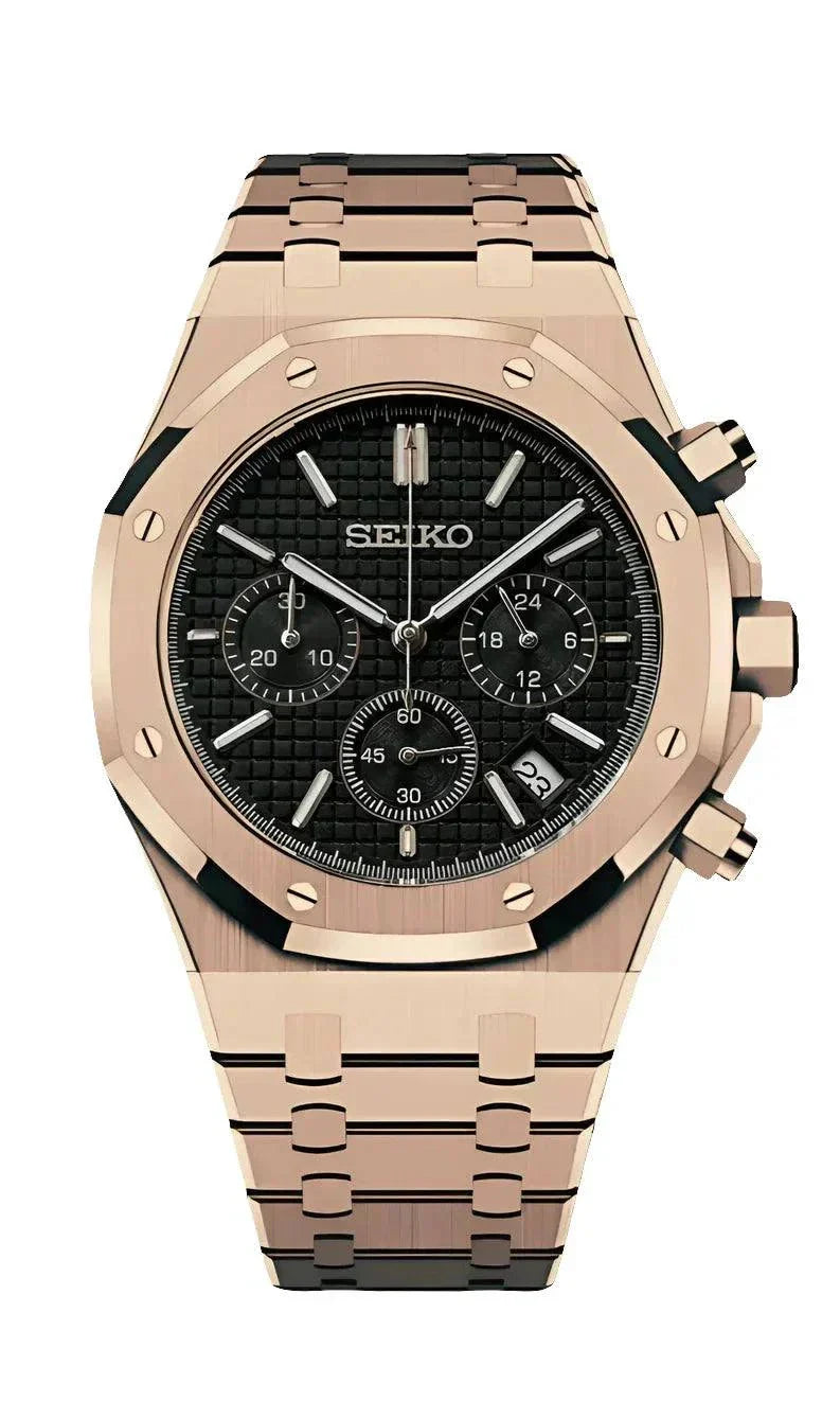 Rose gold Royal Oak Watch with black chronograph dial and stainless steel bracelet