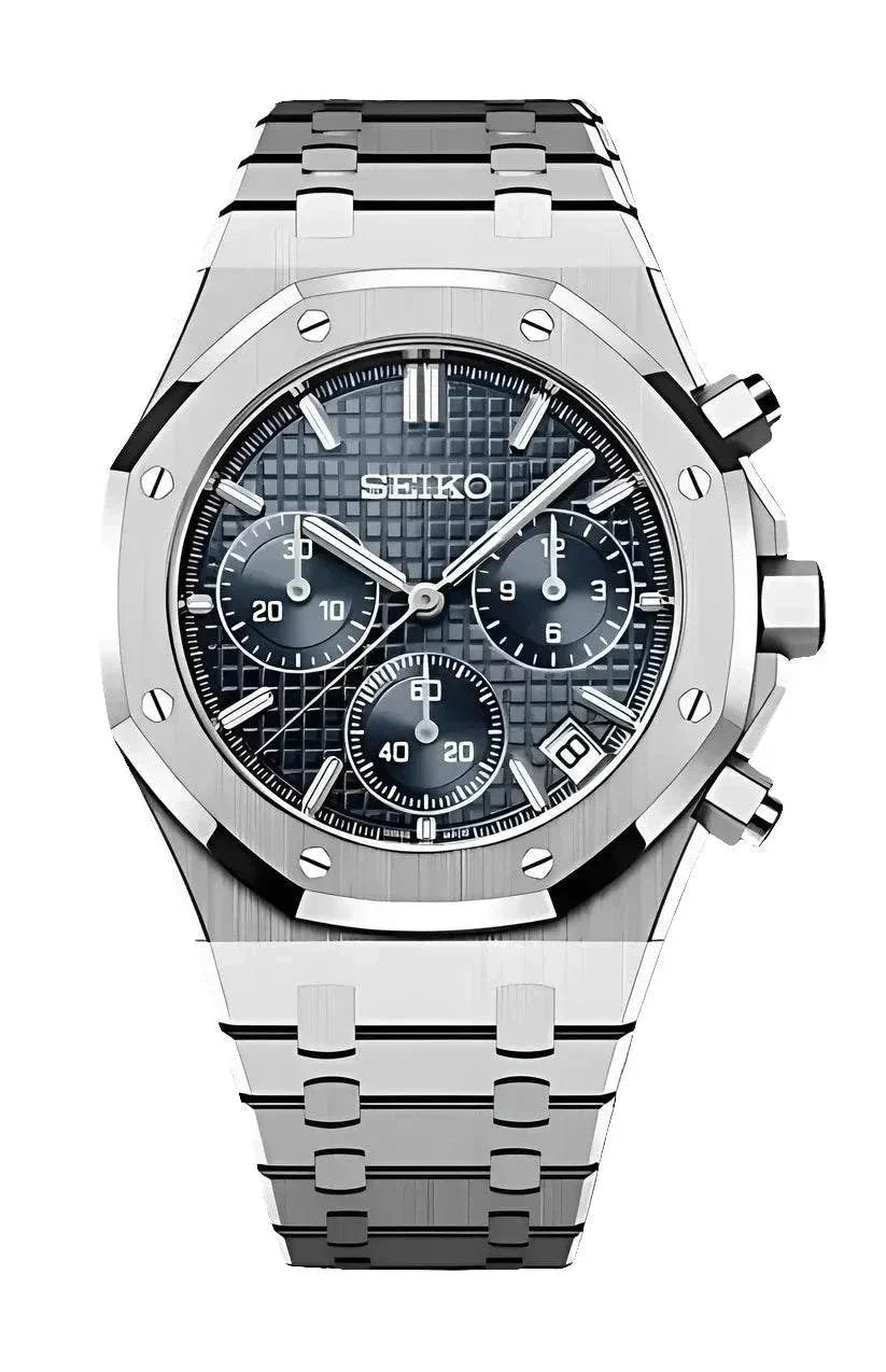 Seiko Mod Watch Royal Oak Blue Chronograph with stainless steel bracelet and blue dial