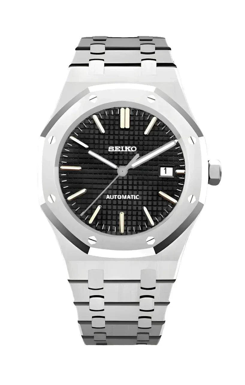 Seiko Mod Watch Royal Oak Classic Black with stainless steel bracelet and automatic movement