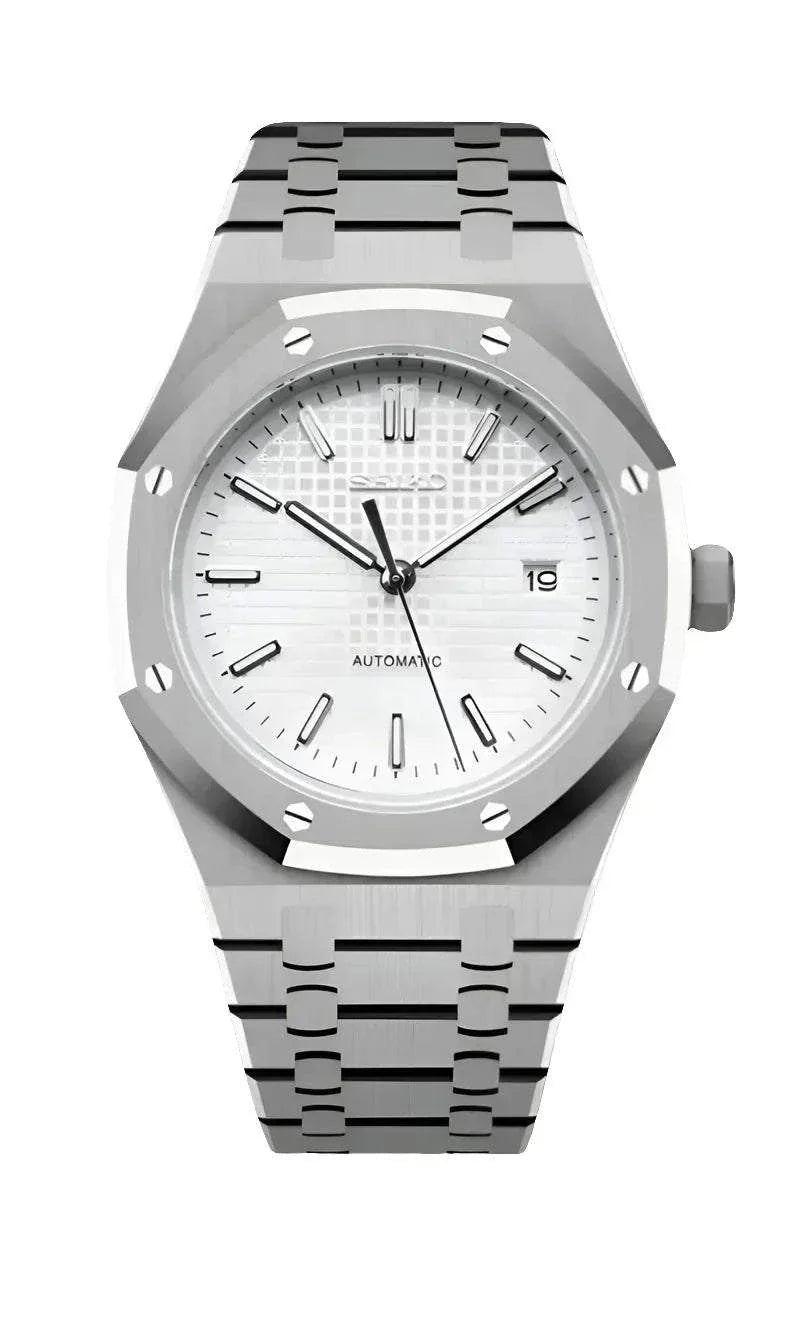Seiko Royal Oak Watch Mod Classic White Edition with stainless steel bracelet and automatic movement