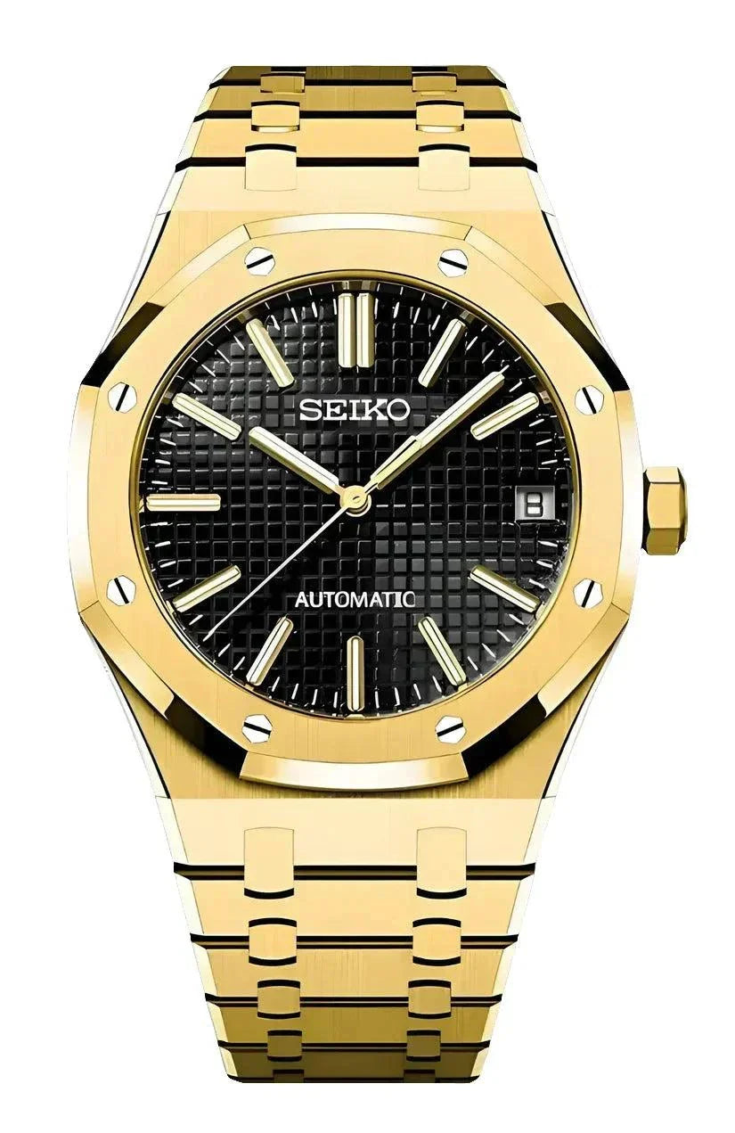 Seiko Royal Oak Watch Mod Gold Edition with black dial and gold stainless steel bracelet