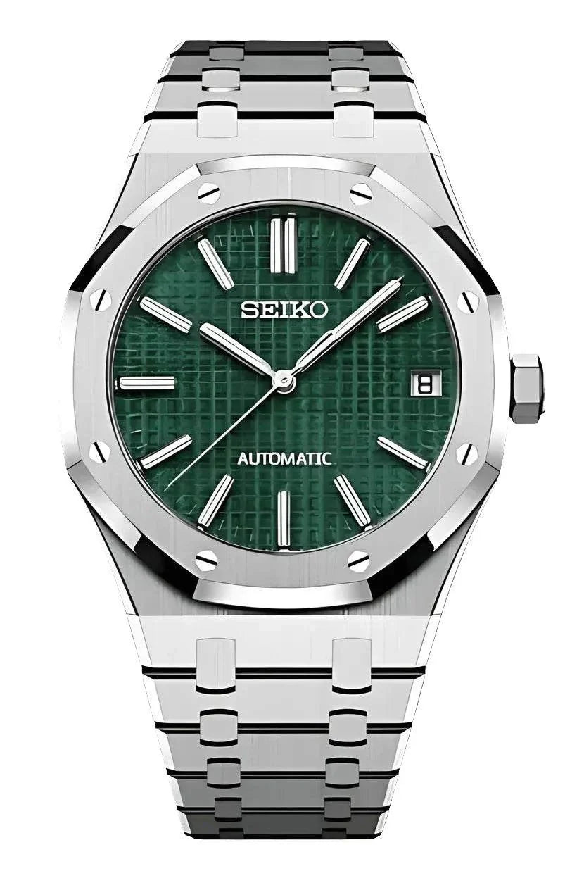 Seiko Royal Oak Watch with green dial, stainless steel case and bracelet, automatic movement, and sapphire crystal glass