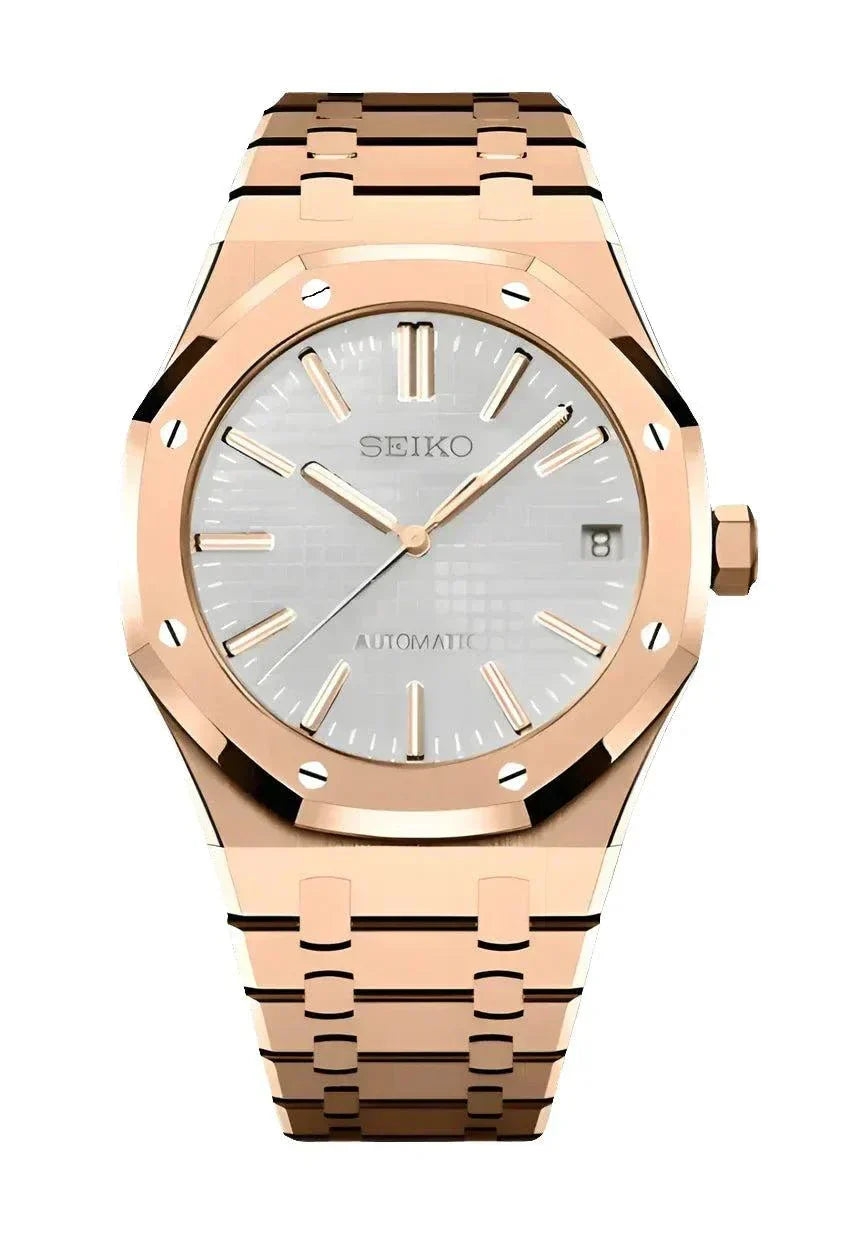 Seiko Mod Watch Royal Oak Classic rose gold automatic timepiece with stainless steel bracelet and sapphire glass