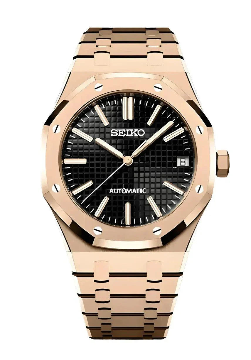 Seiko Royal Oak Watch with rose gold finish and black dial, automatic movement