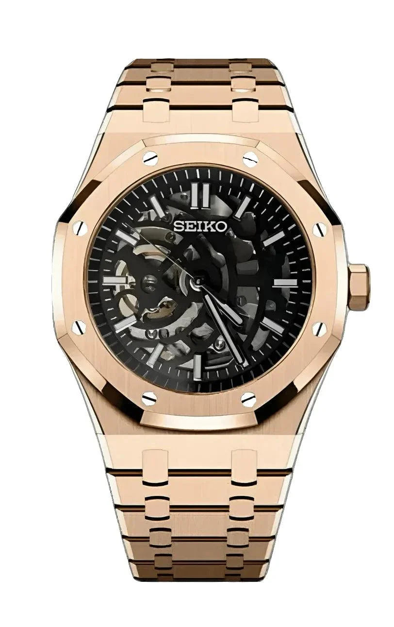Rose gold Royal Oak Watch with skeleton dial and stainless steel bracelet by Seiko