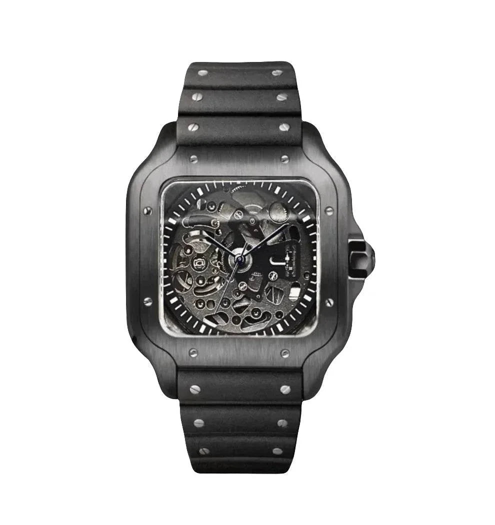 Santos Watch Mod Skeleton Black Edition with transparent dial and black stainless steel bracelet