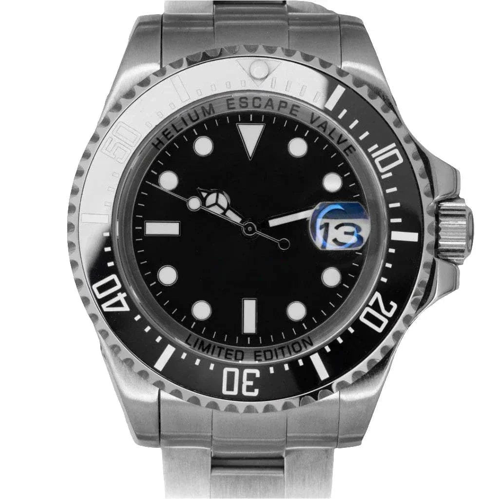 Sea Dweller Watch Mod 44mm Edition with black dial, ceramic bezel, stainless steel bracelet, and helium escape valve