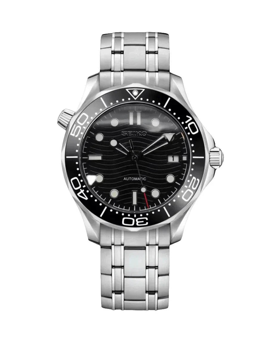 Seamaster Watch Mod Black Edition with black dial and stainless steel bracelet, 40mm bezel, automatic movement, and sapphire crystal.