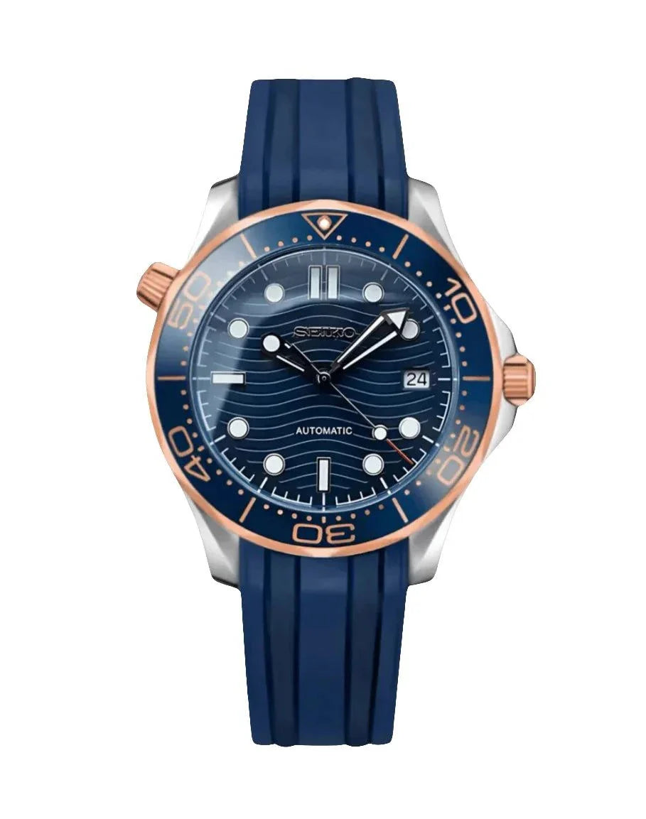 Seamaster Watch Mod with blue dial, rose gold bezel, and silicone strap.
