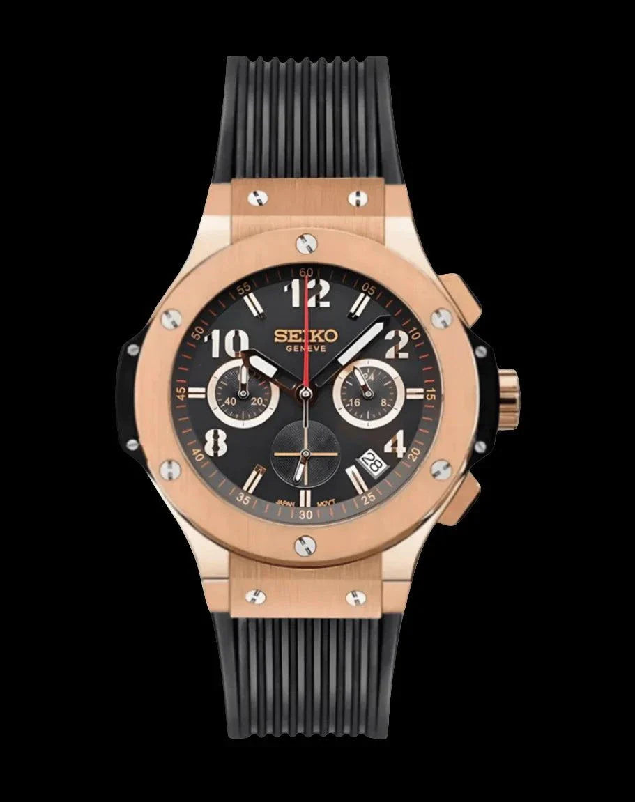Seiko Mod Big Bang rose gold watch with black dial and silicone strap