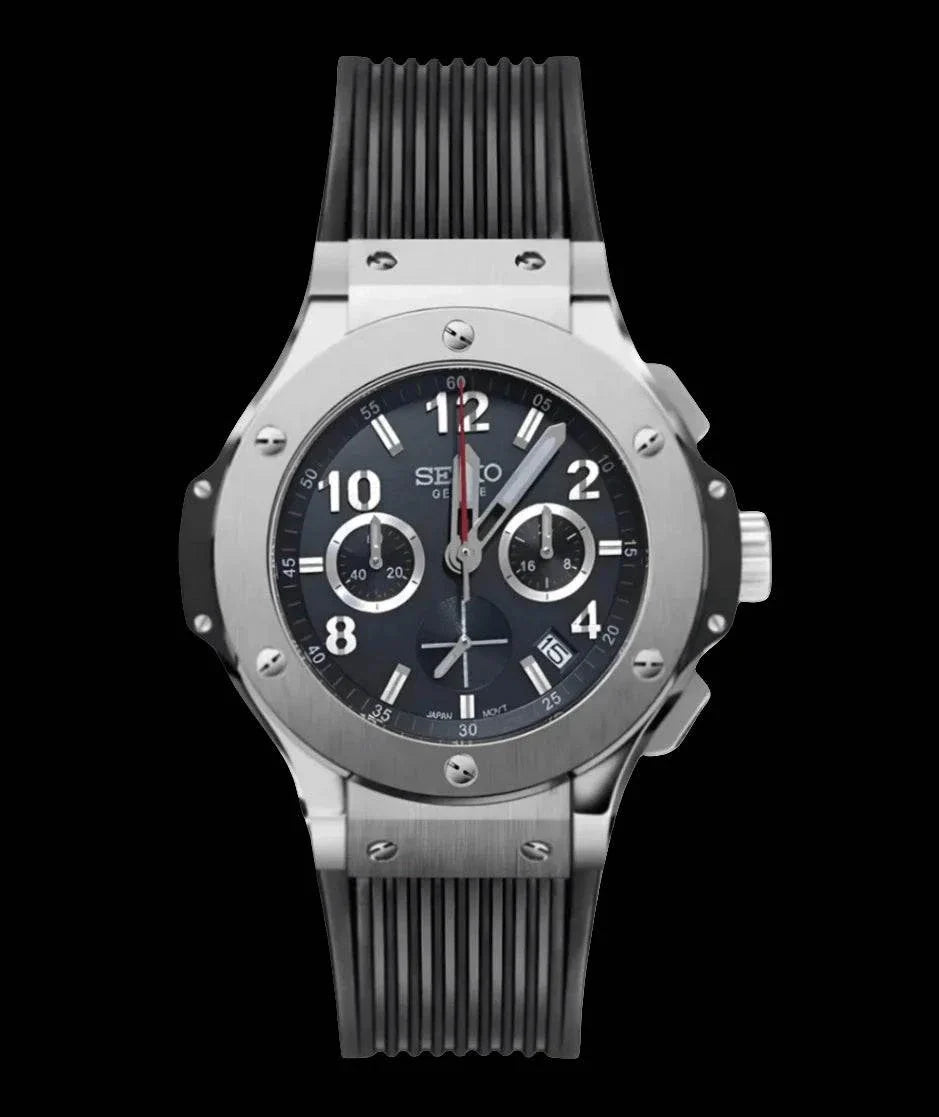Seiko Mod Big Bang silver watch with 42mm case, grey dial, silicone strap, and mechanical quartz movement