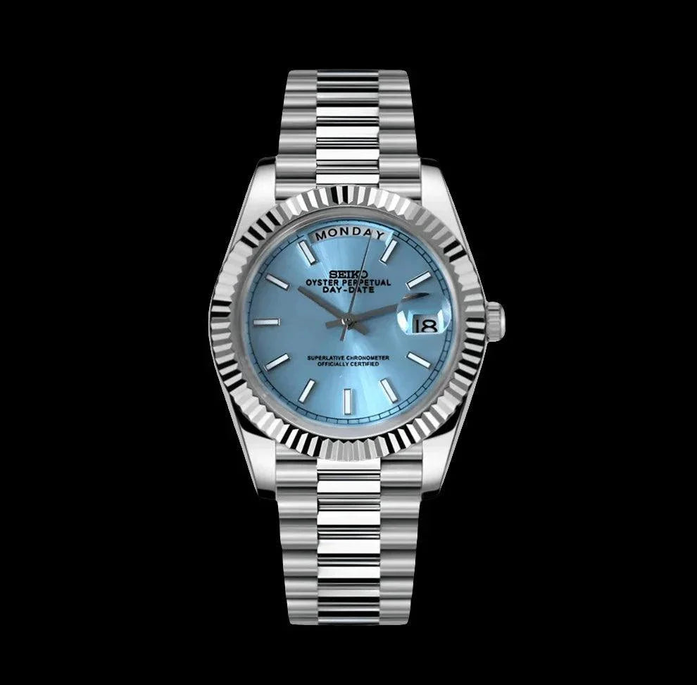 Seiko Mod custom day-date watch with Tiffany blue dial and stainless steel bracelet