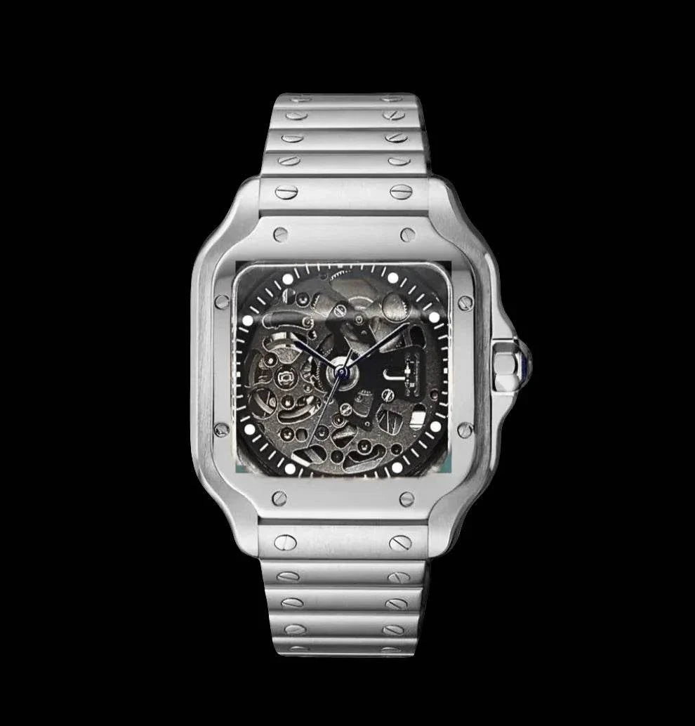 Seiko Mod custom Santos skeleton silver watch with stainless steel case and bracelet, transparent skeleton dial, and sapphire crystal.