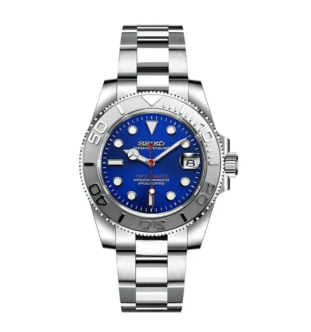 Seiko Mod Yacht-Master watch with blue dial, silver ceramic bezel, stainless steel bracelet, and sapphire crystal.
