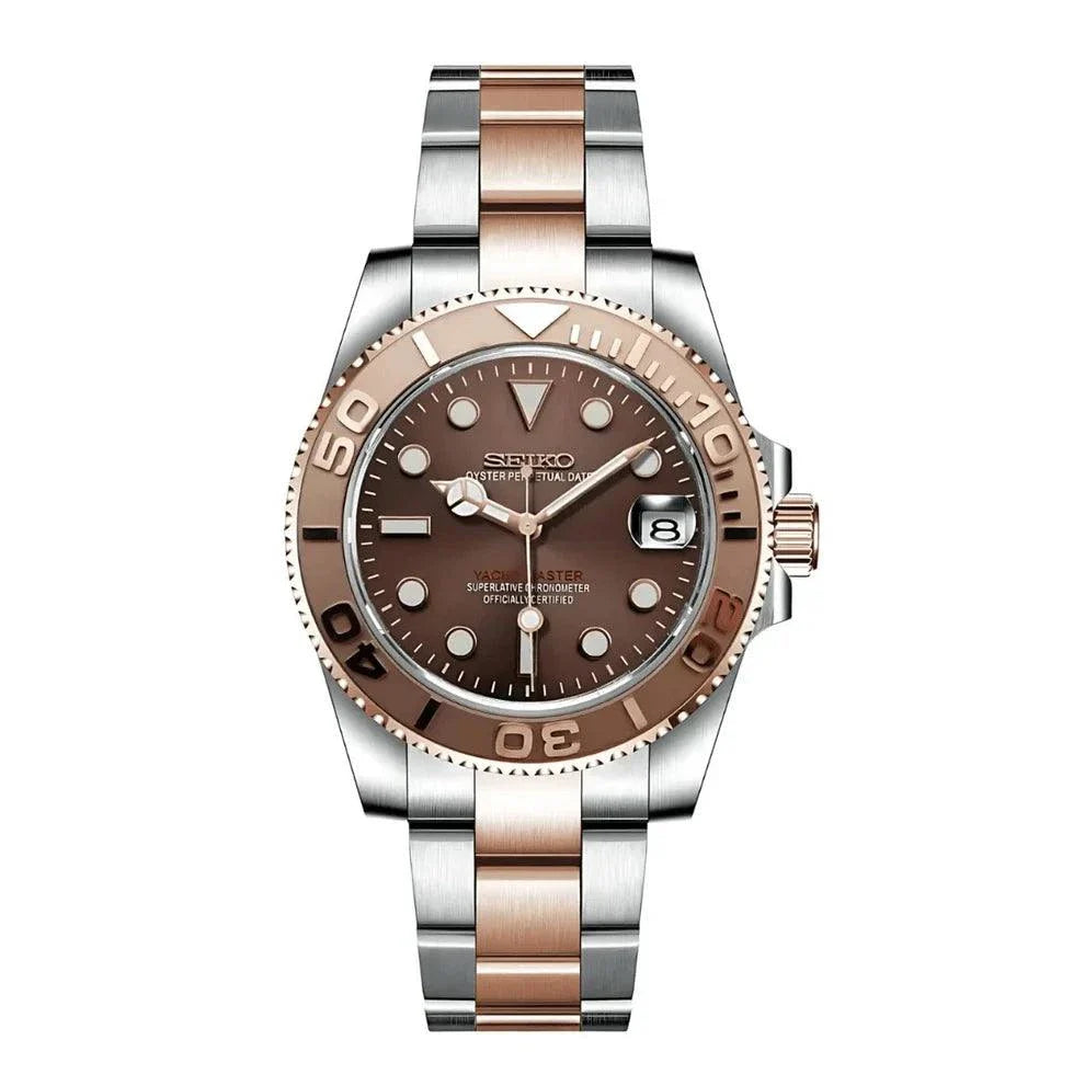 Seiko Mod Yacht Master two tone rose gold and stainless steel watch with rose ceramic bezel and automatic movement