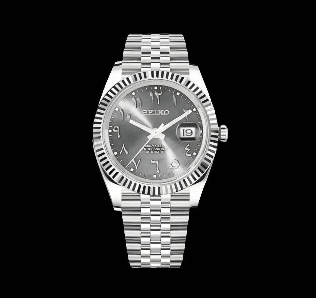 Seiko Mod Date-just watch with grey dial and Arabic numerals on silver metal bracelet